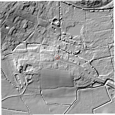 Shaded relief map of the ground around TA52EZ, computed from Environment Agency LiDAR. The ground here sits at about 10 m above sea level and falls 16 m across the surrounding 800 m. Surface water reaching this point runs off ground lying to the south-west, 2.1 m higher.
