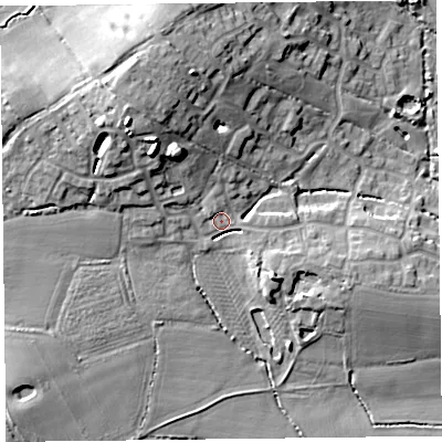 Shaded relief map of the ground around TA52FB, computed from Environment Agency LiDAR. The ground here sits at about 9 m above sea level and falls 16 m across the surrounding 800 m. Surface water reaching this point runs off ground lying to the north-west, 12.6 m higher.