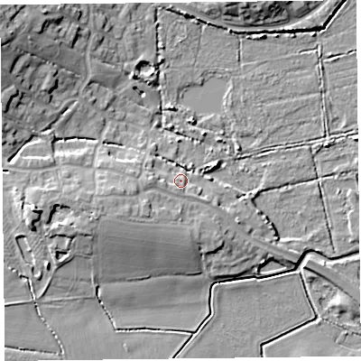 Shaded relief map of the ground around TA52FJ, computed from Environment Agency LiDAR. The ground here sits at about 8 m above sea level and falls 14 m across the surrounding 800 m. Surface water reaching this point runs off ground lying to the south, 3.9 m higher.