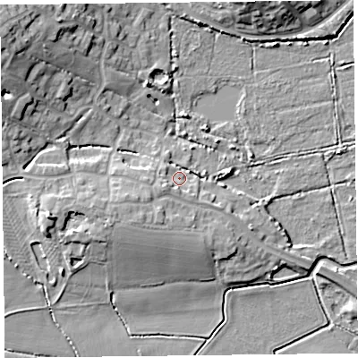 Shaded relief map of the ground around TA52FL, computed from Environment Agency LiDAR. The ground here sits at about 7 m above sea level and falls 15 m across the surrounding 800 m. Surface water reaching this point runs off ground lying to the south-west, 5.1 m higher.