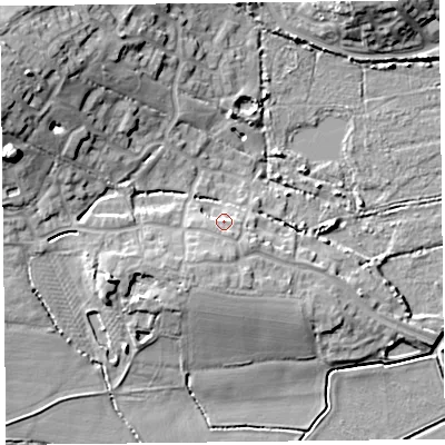Shaded relief map of the ground around TA52FN, computed from Environment Agency LiDAR. The ground here sits at about 9 m above sea level and falls 17 m across the surrounding 800 m. Surface water reaching this point runs off ground lying to the south-east, 3.2 m higher.