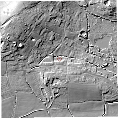 Shaded relief map of the ground around TA52FQ, computed from Environment Agency LiDAR. The ground here sits at about 7 m above sea level and falls 17 m across the surrounding 800 m. Surface water reaching this point runs off ground lying to the west-north-west, 10.2 m higher.