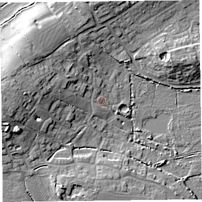 Shaded relief map of the ground around TA52GF, computed from Environment Agency LiDAR. The ground here sits at about 8 m above sea level and falls 16 m across the surrounding 800 m. Surface water reaching this point runs off ground lying to the west, 1.9 m higher.