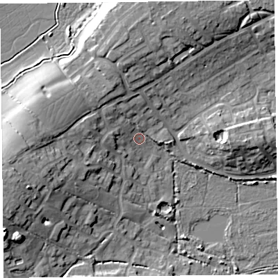 Shaded relief map of the ground around TA52GG, computed from Environment Agency LiDAR. The ground here sits at about 8 m above sea level and falls 16 m across the surrounding 800 m. Surface water reaching this point runs off ground lying to the west, 11.2 m higher.