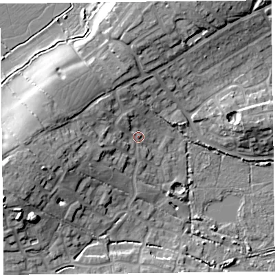 Shaded relief map of the ground around TA52GH, computed from Environment Agency LiDAR. The ground here sits at about 9 m above sea level and falls 16 m across the surrounding 800 m. Surface water reaching this point runs off ground lying to the west, 10.7 m higher.