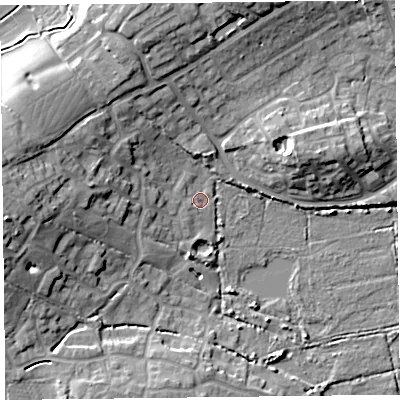 Shaded relief map of the ground around TA52GJ, computed from Environment Agency LiDAR. The ground here sits at about 6 m above sea level and falls 16 m across the surrounding 800 m. Surface water reaching this point runs off ground lying to the west, 13.3 m higher.