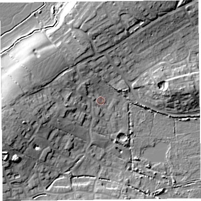 Shaded relief map of the ground around TA52GL, computed from Environment Agency LiDAR. The ground here sits at about 8 m above sea level and falls 16 m across the surrounding 800 m. Surface water reaching this point runs off ground lying to the west, 11.7 m higher.