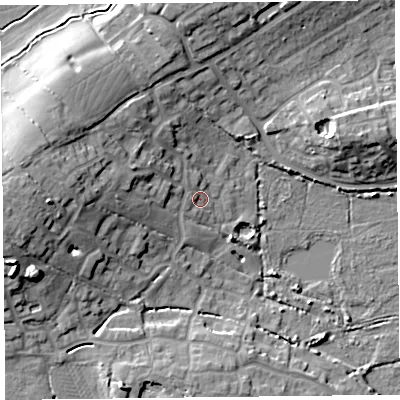 Shaded relief map of the ground around TA52GN, computed from Environment Agency LiDAR. The ground here sits at about 8 m above sea level and falls 16 m across the surrounding 800 m. Surface water reaching this point runs off ground lying to the west-north-west, 2.0 m higher.