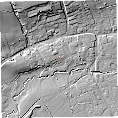 Shaded relief map of the ground around TA52HB, computed from Environment Agency LiDAR. The ground here sits at about 14 m above sea level and falls 21 m across the surrounding 800 m. Surface water reaching this point runs off ground lying to the north-west, 2.6 m higher.