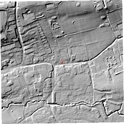 Shaded relief map of the ground around TA52HJ, computed from Environment Agency LiDAR. The ground here sits at about 11 m above sea level and falls 27 m across the surrounding 800 m. Surface water reaching this point runs off ground lying to the north-west, 23.3 m higher.