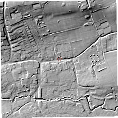 Shaded relief map of the ground around TA52HL, computed from Environment Agency LiDAR. The ground here sits at about 10 m above sea level and falls 26 m across the surrounding 800 m. Surface water reaching this point runs off ground lying to the north-west, 21.1 m higher.
