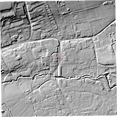 Shaded relief map of the ground around TA52HP, computed from Environment Agency LiDAR. The ground here sits at about 12 m above sea level and falls 23 m across the surrounding 800 m. Surface water reaching this point runs off ground lying to the west-north-west, 2.0 m higher.