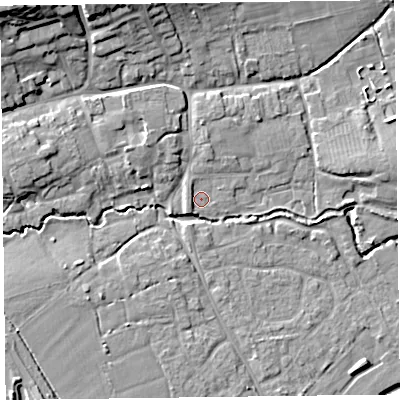 Shaded relief map of the ground around TA52HT, computed from Environment Agency LiDAR. The ground here sits at about 11 m above sea level and falls 18 m across the surrounding 800 m. Surface water reaching this point runs off ground lying to the west-south-west, 1.7 m higher.