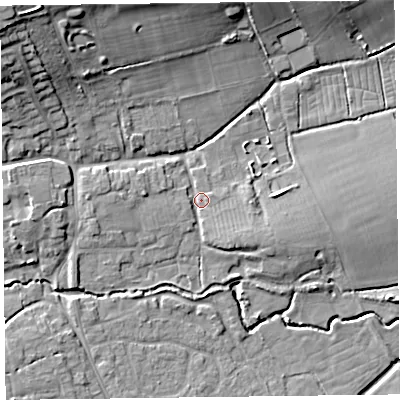 Shaded relief map of the ground around TA52HW, computed from Environment Agency LiDAR. The ground here sits at about 10 m above sea level and falls 19 m across the surrounding 800 m. Surface water reaching this point runs off ground lying to the south-east, 2.8 m higher.
