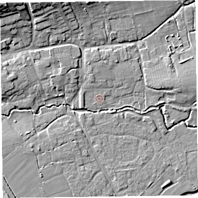 Shaded relief map of the ground around TA52HX, computed from Environment Agency LiDAR. The ground here sits at about 11 m above sea level and falls 18 m across the surrounding 800 m. Surface water reaching this point runs off ground lying to the west-south-west, 2.2 m higher.