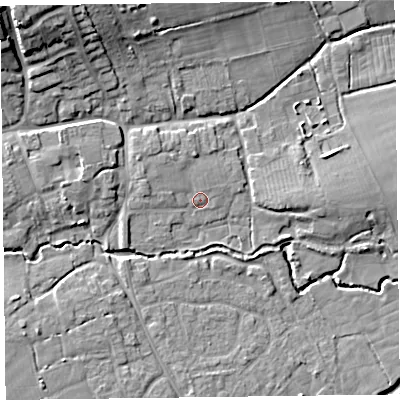 Shaded relief map of the ground around TA52HY, computed from Environment Agency LiDAR. The ground here sits at about 10 m above sea level and falls 18 m across the surrounding 800 m. Surface water reaching this point runs off ground lying to the west-north-west, 2.3 m higher.