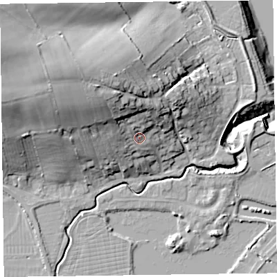 Shaded relief map of the ground around TA52JB, computed from Environment Agency LiDAR. The ground here sits at about 14 m above sea level and falls 34 m across the surrounding 800 m. Surface water reaching this point runs off ground lying to the north-west, 13.6 m higher.