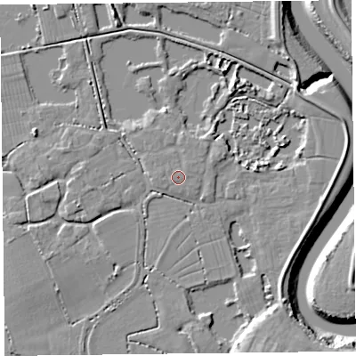 Shaded relief map of the ground around TA52JG, computed from Environment Agency LiDAR. The ground here sits at about 7 m above sea level and falls 10 m across the surrounding 800 m. Surface water reaching this point runs off ground lying to the east-north-east, 0.6 m higher.