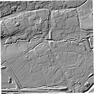 Shaded relief map of the ground around TA52JJ, computed from Environment Agency LiDAR. The ground here sits at about 12 m above sea level and falls 13 m across the surrounding 800 m. Surface water reaching this point runs off ground lying to the south-west, 2.6 m higher.