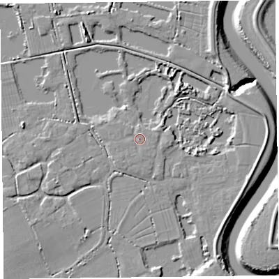 Shaded relief map of the ground around TA52JQ, computed from Environment Agency LiDAR. The ground here sits at about 7 m above sea level and falls 9 m across the surrounding 800 m. Surface water reaching this point runs off ground lying to the south, 0.8 m higher.
