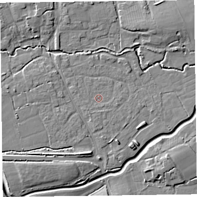 Shaded relief map of the ground around TA52JT, computed from Environment Agency LiDAR. The ground here sits at about 10 m above sea level and falls 11 m across the surrounding 800 m. Surface water reaching this point runs off ground lying to the south-west, 1.2 m higher.