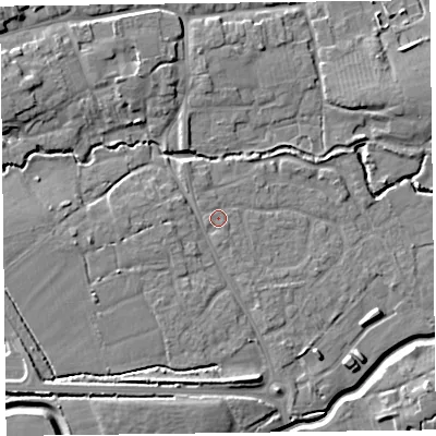 Shaded relief map of the ground around TA52JU, computed from Environment Agency LiDAR. The ground here sits at about 11 m above sea level and falls 11 m across the surrounding 800 m. Surface water reaching this point runs off ground lying to the north-west, 0.9 m higher.