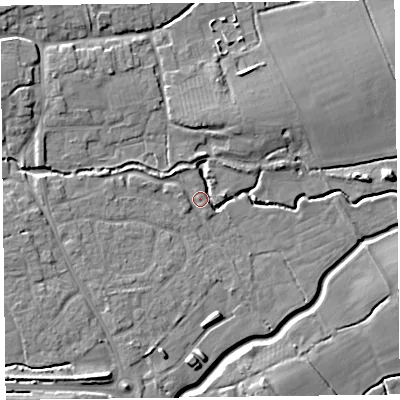 Shaded relief map of the ground around TA52JX, computed from Environment Agency LiDAR. The ground here sits at about 9 m above sea level and falls 10 m across the surrounding 800 m. Surface water reaching this point runs off ground lying to the west-north-west, 7.1 m higher.
