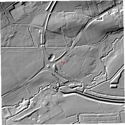 Shaded relief map of the ground around TA52ND, computed from Environment Agency LiDAR. The ground here sits at about 18 m above sea level and falls 17 m across the surrounding 800 m. Surface water reaching this point runs off ground lying to the west, 4.1 m higher.