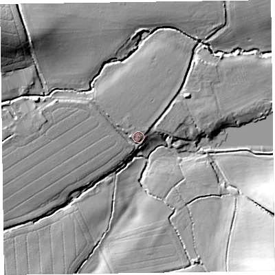 Shaded relief map of the ground around TA52NH, computed from Environment Agency LiDAR. The ground here sits at about 40 m above sea level and falls 21 m across the surrounding 800 m. Surface water reaching this point runs off ground lying to the west, 6.3 m higher.