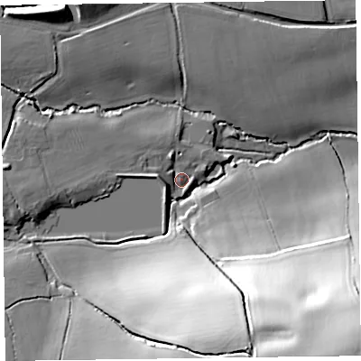 Shaded relief map of the ground around TA52NQ, computed from Environment Agency LiDAR. The ground here sits at about 32 m above sea level and falls 51 m across the surrounding 800 m. Surface water reaching this point runs off ground lying to the west, 5.5 m higher.