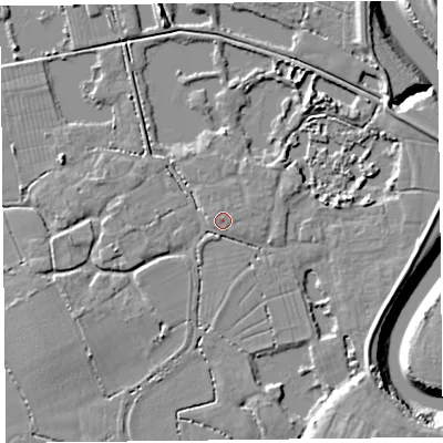 Shaded relief map of the ground around TA52NS, computed from Environment Agency LiDAR. The ground here sits at about 7 m above sea level and falls 10 m across the surrounding 800 m. Surface water reaching this point runs off ground lying to the east-north-east, 0.8 m higher.