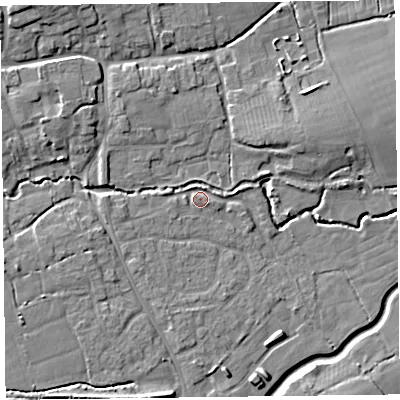 Shaded relief map of the ground around TA52NT, computed from Environment Agency LiDAR. The ground here sits at about 10 m above sea level and falls 10 m across the surrounding 800 m. Surface water reaching this point runs off ground lying to the west-south-west, 2.4 m higher.