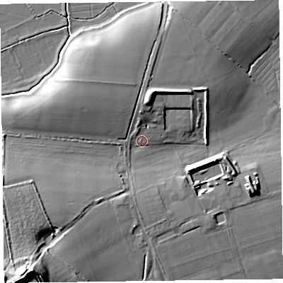 Shaded relief map of the ground around TA52PL, computed from Environment Agency LiDAR. The ground here sits at about 10 m above sea level and falls 28 m across the surrounding 800 m. Surface water reaching this point runs off ground lying to the south-west, 23.2 m higher.