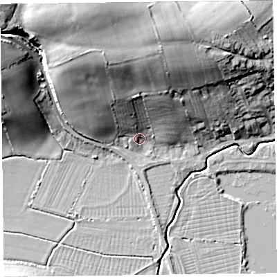 Shaded relief map of the ground around TA52PP, computed from Environment Agency LiDAR. The ground here sits at about 9 m above sea level and falls 27 m across the surrounding 800 m. Surface water reaching this point runs off ground lying to the north-north-west, 24.0 m higher.