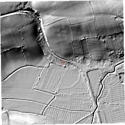 Shaded relief map of the ground around TA52PR, computed from Environment Agency LiDAR. The ground here sits at about 8 m above sea level and falls 30 m across the surrounding 800 m. Surface water reaching this point runs off ground lying to the north, 19.8 m higher.