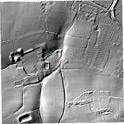 Shaded relief map of the ground around TA52PT, computed from Environment Agency LiDAR. The ground here sits at about 13 m above sea level and falls 34 m across the surrounding 800 m. Surface water reaching this point runs off ground lying to the south, 27.1 m higher.
