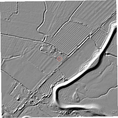Shaded relief map of the ground around TA52PU, computed from Environment Agency LiDAR. The ground here sits at about 6 m above sea level and falls 5 m across the surrounding 800 m. Surface water reaching this point runs off ground lying to the north-north-east, 2.4 m higher.