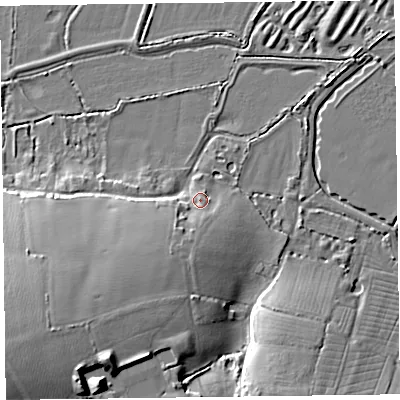 Shaded relief map of the ground around TA52QJ, computed from Environment Agency LiDAR. The ground here sits at about 8 m above sea level and falls 18 m across the surrounding 800 m. Surface water reaching this point runs off ground lying to the south-west, 10.3 m higher.