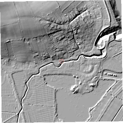 Shaded relief map of the ground around TA52QN, computed from Environment Agency LiDAR. The ground here sits at about 6 m above sea level and falls 33 m across the surrounding 800 m. Surface water reaching this point runs off ground lying to the north-north-west, 27.0 m higher.