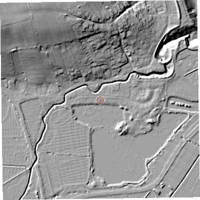 Shaded relief map of the ground around TA52QP, computed from Environment Agency LiDAR. The ground here sits at about 6 m above sea level and falls 32 m across the surrounding 800 m. Surface water reaching this point runs off ground lying to the south, 2.3 m higher.