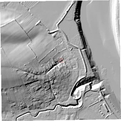 Shaded relief map of the ground around TA52QQ, computed from Environment Agency LiDAR. The ground here sits at about 9 m above sea level and falls 32 m across the surrounding 800 m. Surface water reaching this point runs off ground lying to the west-south-west, 15.5 m higher.