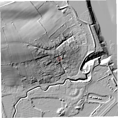 Shaded relief map of the ground around TA52QR, computed from Environment Agency LiDAR. The ground here sits at about 15 m above sea level and falls 32 m across the surrounding 800 m. Surface water reaching this point runs off ground lying to the west-north-west, 18.1 m higher.