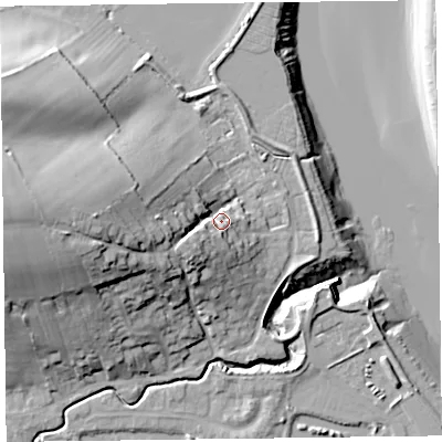Shaded relief map of the ground around TA52QT, computed from Environment Agency LiDAR. The ground here sits at about 12 m above sea level and falls 32 m across the surrounding 800 m. Surface water reaching this point runs off ground lying to the west-south-west, 14.7 m higher.