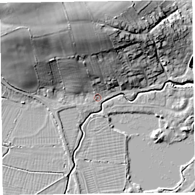 Shaded relief map of the ground around TA52QW, computed from Environment Agency LiDAR. The ground here sits at about 7 m above sea level and falls 29 m across the surrounding 800 m. Surface water reaching this point runs off ground lying to the north-west, 24.9 m higher.