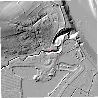 Shaded relief map of the ground around TA52QX, computed from Environment Agency LiDAR. The ground here sits at about 7 m above sea level and falls 32 m across the surrounding 800 m. Surface water reaching this point runs off ground lying to the east-north-east, 6.2 m higher.