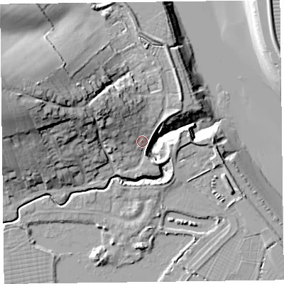 Shaded relief map of the ground around TA52QY, computed from Environment Agency LiDAR. The ground here sits at about 8 m above sea level and falls 32 m across the surrounding 800 m. Surface water reaching this point runs off ground lying to the north-west, 12.6 m higher.