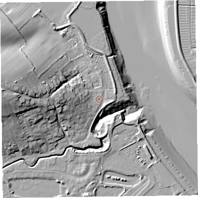 Shaded relief map of the ground around TA52QZ, computed from Environment Agency LiDAR. The ground here sits at about 7 m above sea level and falls 31 m across the surrounding 800 m. Surface water reaching this point runs off ground lying to the west-north-west, 22.9 m higher.