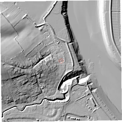 Shaded relief map of the ground around TA52RA, computed from Environment Agency LiDAR. The ground here sits at about 7 m above sea level and falls 31 m across the surrounding 800 m. Surface water reaching this point runs off ground lying to the west-south-west, 9.8 m higher.