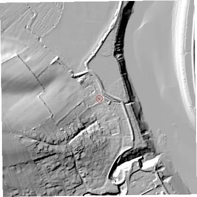 Shaded relief map of the ground around TA52RB, computed from Environment Agency LiDAR. The ground here sits at about 7 m above sea level and falls 32 m across the surrounding 800 m. Surface water reaching this point runs off ground lying to the west-south-west, 23.3 m higher.