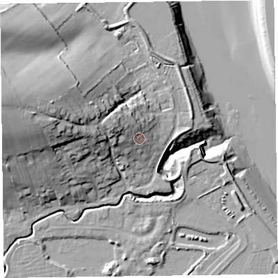 Shaded relief map of the ground around TA52RD, computed from Environment Agency LiDAR. The ground here sits at about 12 m above sea level and falls 32 m across the surrounding 800 m. Surface water reaching this point runs off ground lying to the west-north-west, 7.7 m higher.